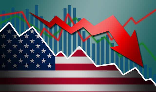 A U.S. flag with a bar chart and red arrow behind it, plunging downward.