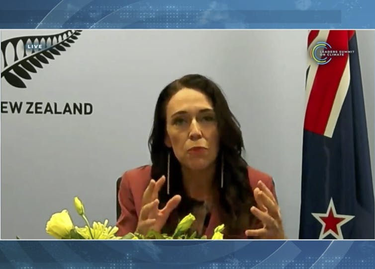 Jacinda Ardern speaking on a video link