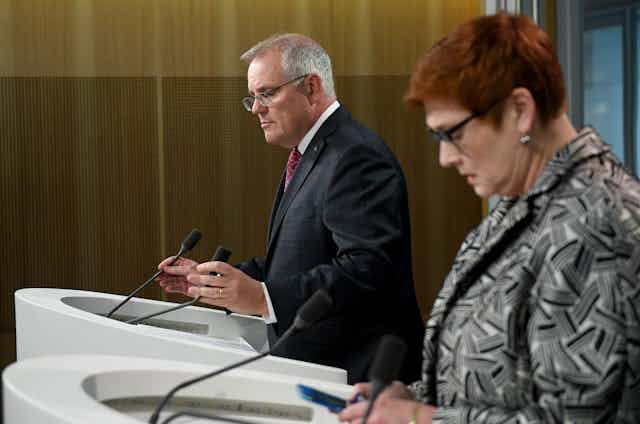 Scott Morrison and Marise Payne during a press conference 
