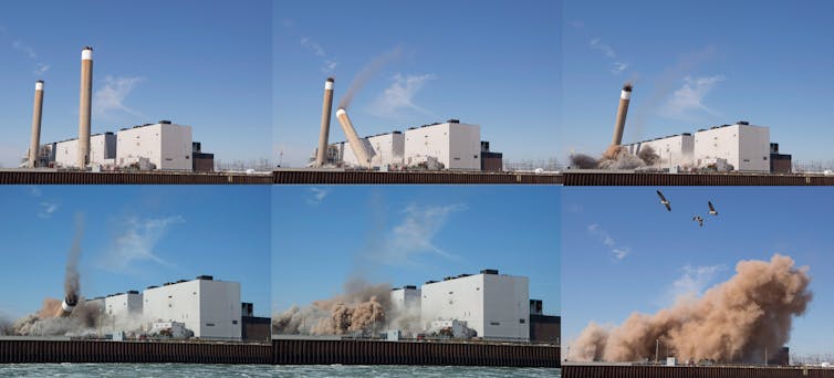 Six photos show the demolition of a coal-fired electricity station.
