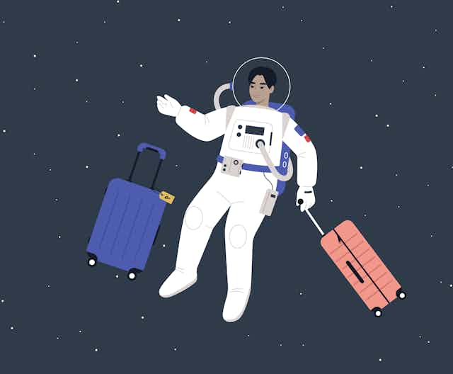 A drawing of a person in a space suit floating with two stuitcases.