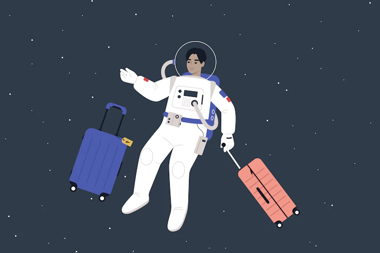 A drawing of a person in a space suit floating with two stuitcases.