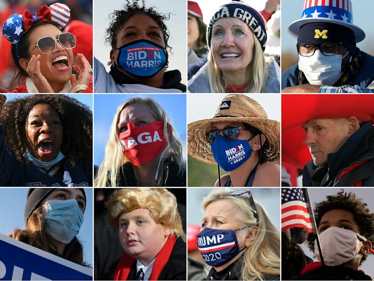 12 head shots of Trump and Biden voters are arrayed in a 4 by 3 grid, many wearing masks with political slogans.