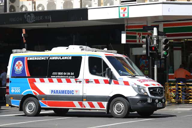 An ambulance on the roads in Melbourne, Australia