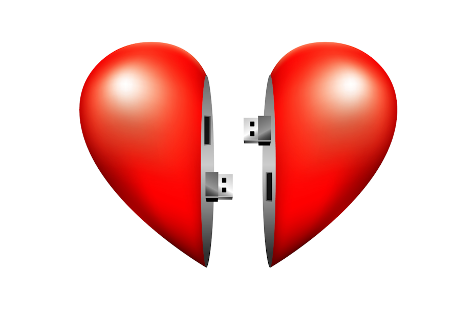Two halves of a heart connected via USB