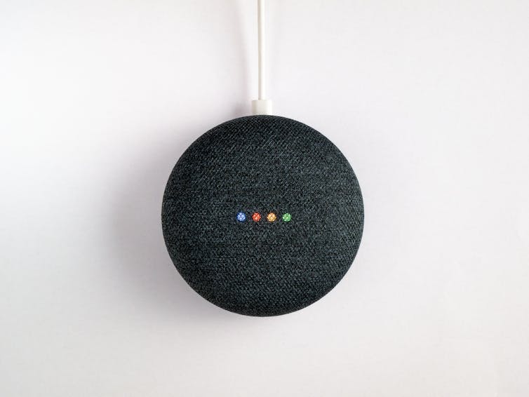 A Google Home speaker photographed from above.