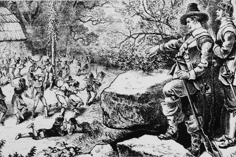 Puritans spy on revelers.