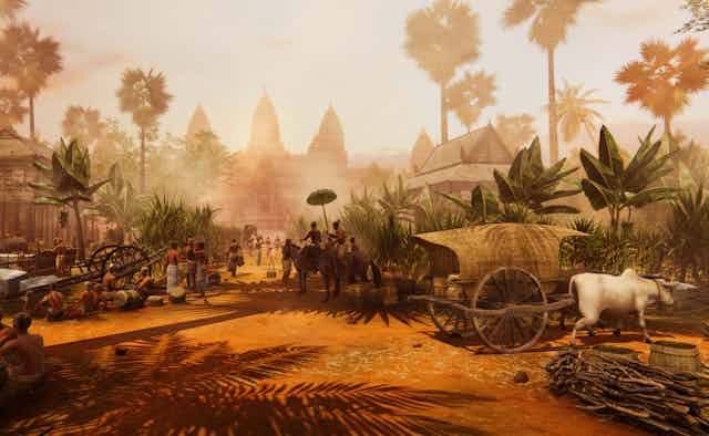 artist's rendering of people and wagons on a street with temple in distance