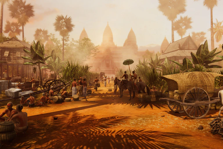 artist's rendering of people and wagons on a street with temple in distance