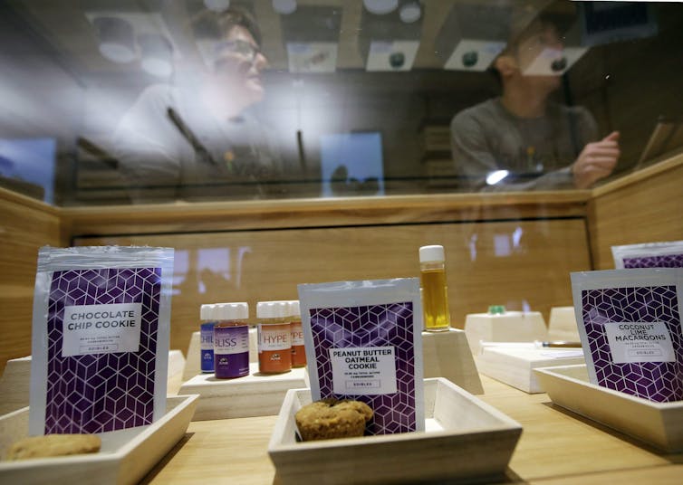 Cannabis cookies on display in a dispensary.