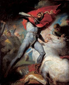 painting of a medieval man in battle.