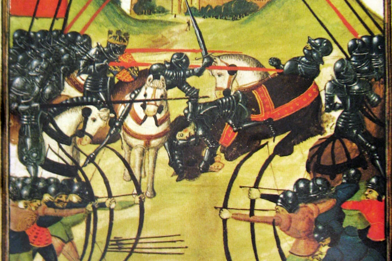 Paintings of a medieval battle.