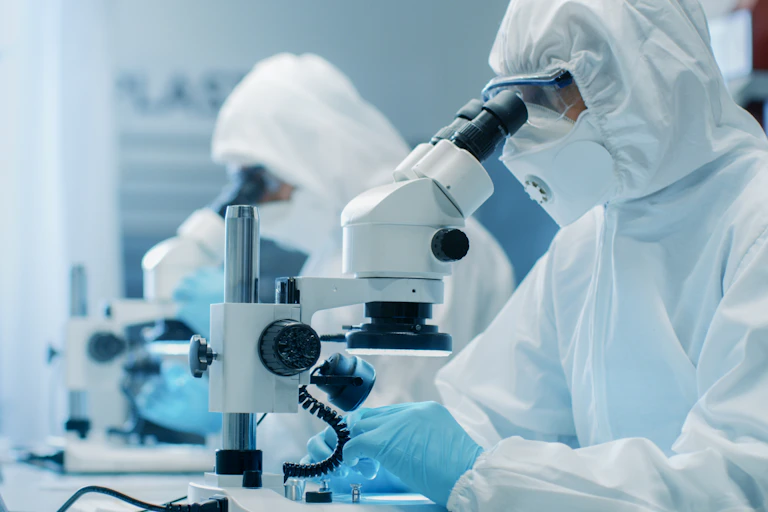 Scientists in PPE at work in a lab