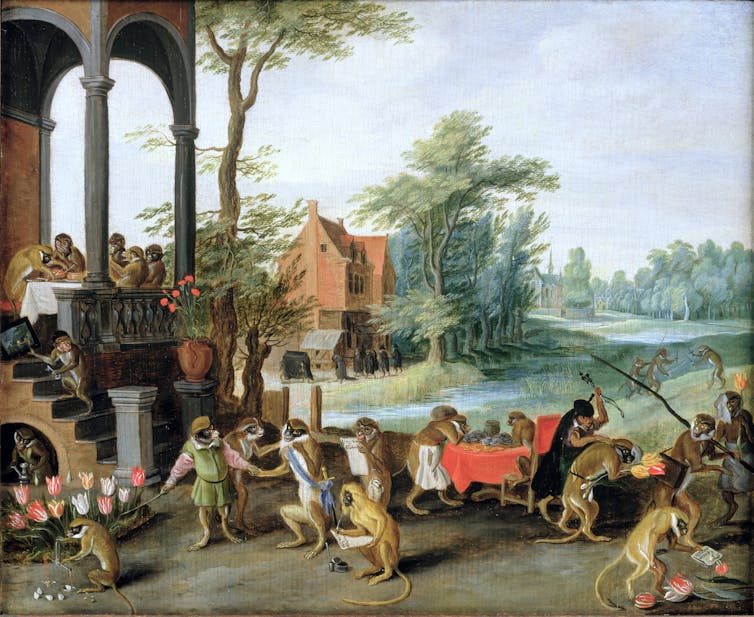 In an illustration, cats are representing humans and buying tulips on display