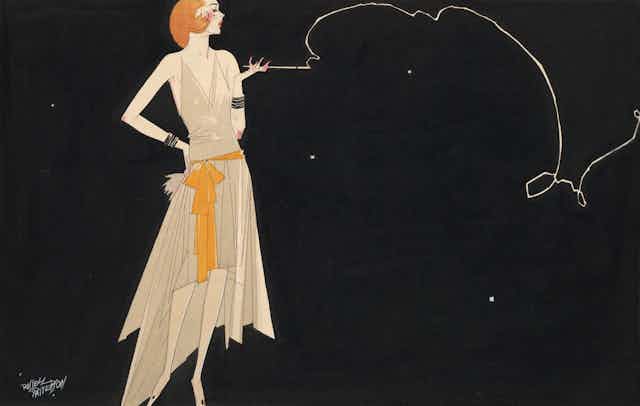 A drawing of a fashionably dressed woman standing with one hand on her hip and a cigarette in the other hand.