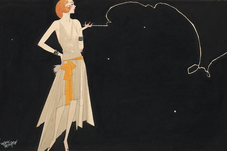 A drawing of a fashionably dressed woman standing with one hand on her hip and a cigarette in the other hand.