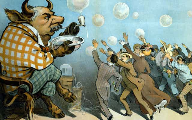An American financier shown as a bull blowing bubbles with the writing "inflated values" on them as a crowd of people in formal clothes reach for them