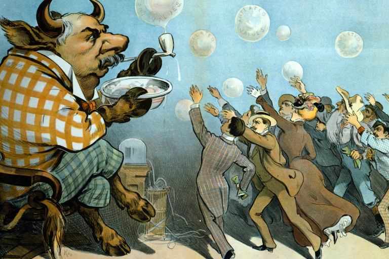 An American financier shown as a bull blowing bubbles with the writing "inflated values" on them as a crowd of people in formal clothes reach for them