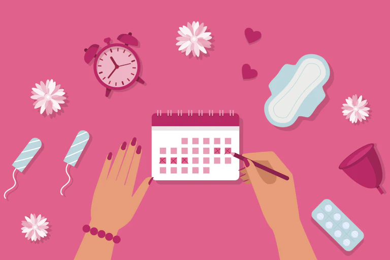 An illustration depicting a calendar and various sanitary products.