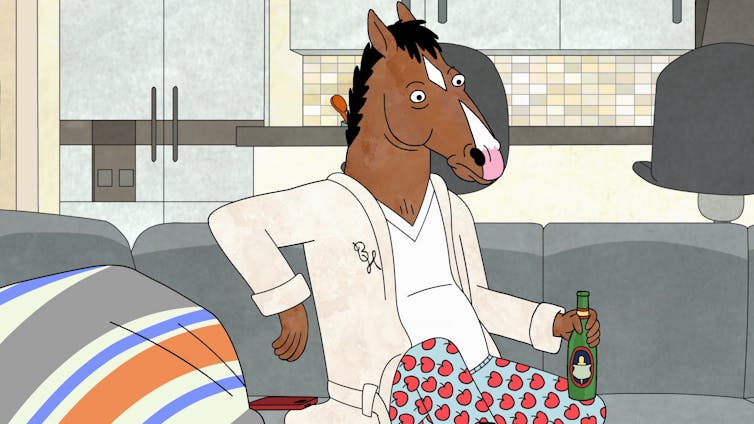 Cartoon of a horse in pyjamas drinking.