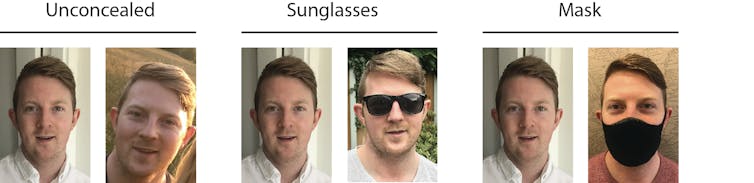 Three pairs of faces: one unconcealed, one with sunglesses on, and one with a mask on