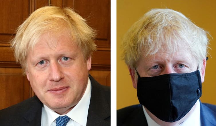Two photos of Prime Minister Boris Johnson, one without a mask, one with a mask
