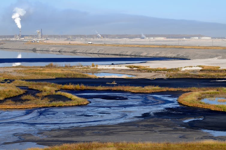 Alternating stripes of bitumen, water, sand and grass at a mine's tailings pond