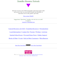 Screen shot of archived website TransBoy Resource Network from 1999