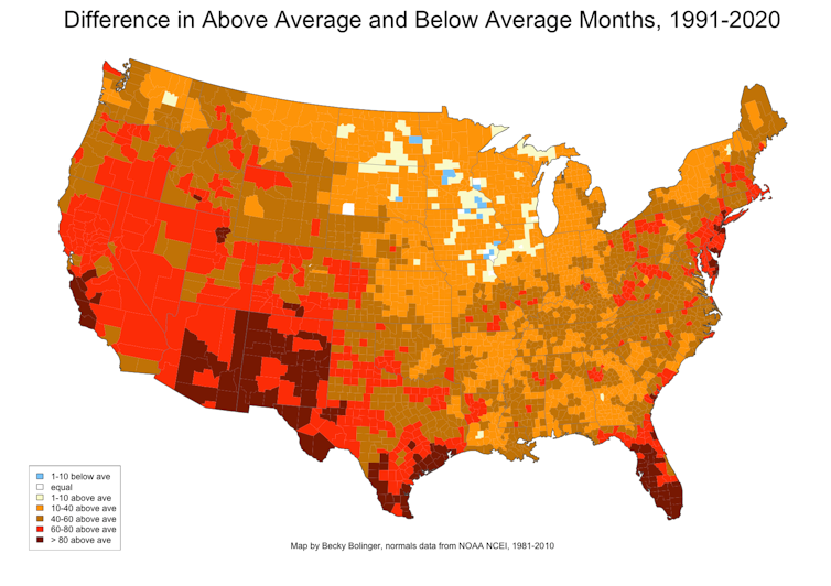 Most of the U.S. had more months in 1991-2020 that were warmer than the 1981-2010 average than months that were colder.