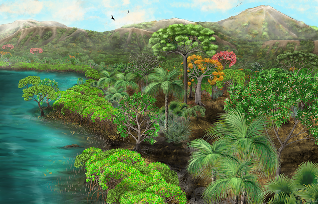 Artist's illustration of mangroves and flowering trees beside water, with mountains behind