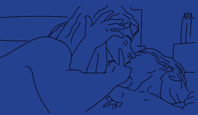A line drawing of a man kissing a woman in bed.