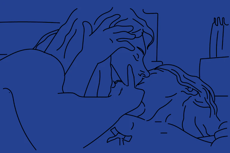 A line drawing of a man kissing a woman in bed.