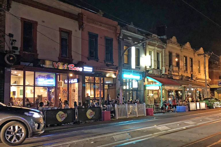 streetside dining at night in Brunswick Street, Fitzroy
