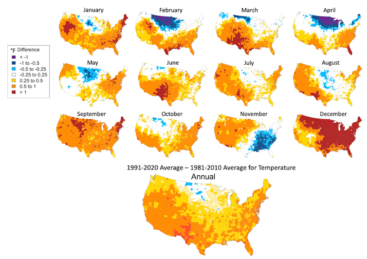 Average temperatures were higher across most of the U.S. in 1991-2020 than in 1981-2010.