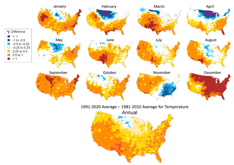 Average temperatures were higher across most of the U.S. in 1991-2020 than in 1981-2010.