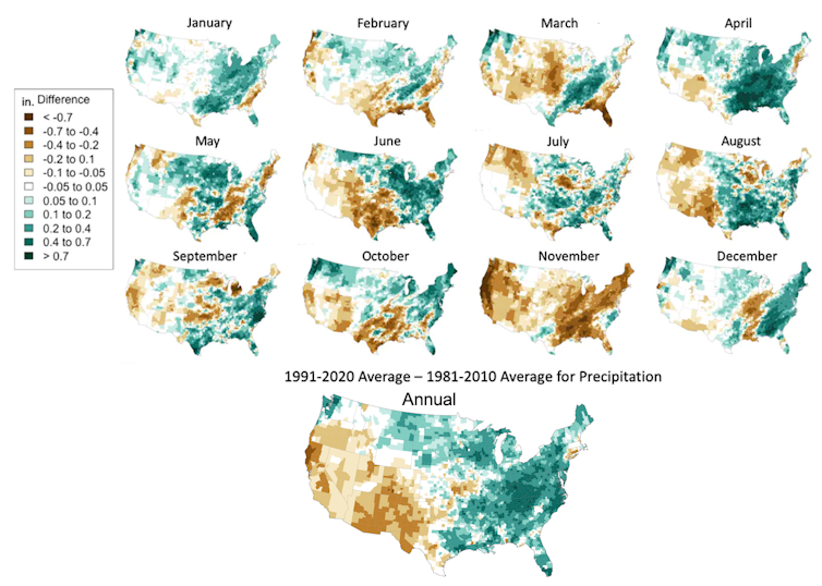 Most of the Central and Eastern U.S. was wetter in 1991-2020 than in 1981-2010, while most Western states were drier.