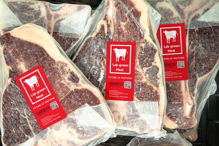 Steaks congelés portant l’étiquette « viande cultivée »