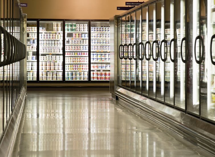 Rows of freezer cases in a store.