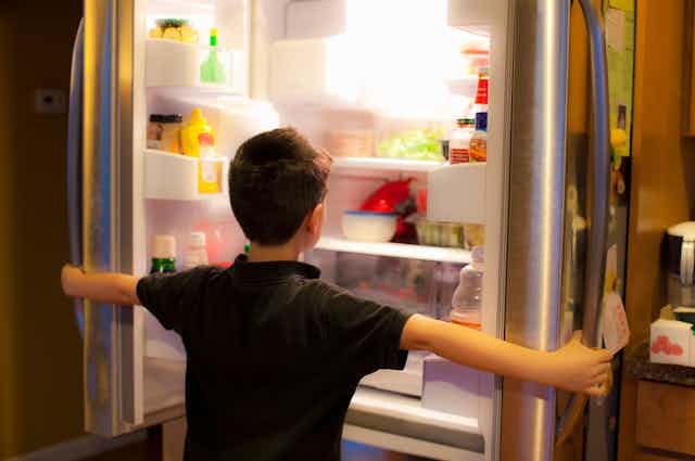A child standing in front of a refrigerator with both doors open