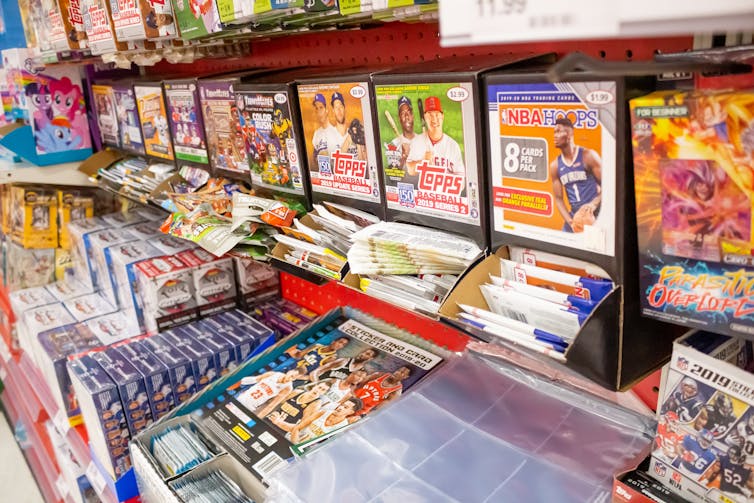 Sports trading cards for sale in a department store in California.