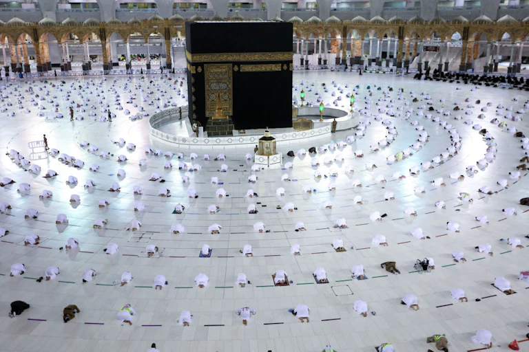Muslim worshippers perform the evening Tarawih prayer in Mecca