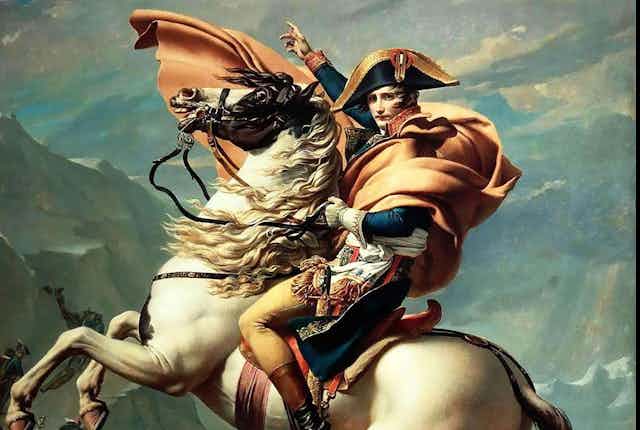 Painting of French emperor Napoleon on a white bucking horse with a gold shawl around his body
