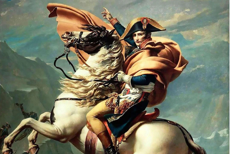 Painting of French emperor Napoleon on a white bucking horse with a gold shawl around his body