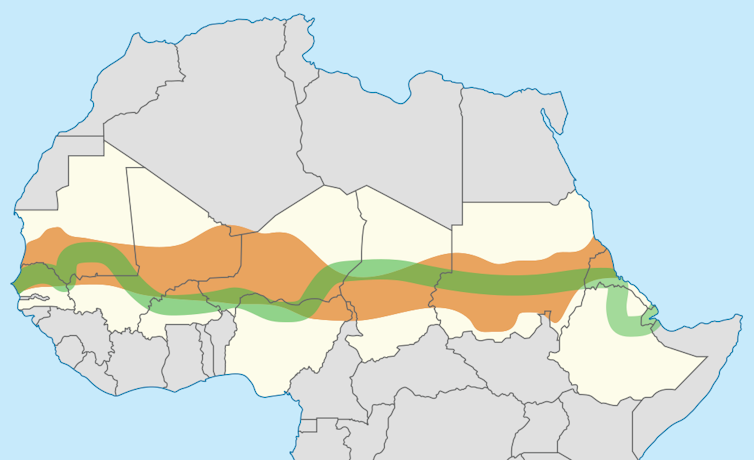 Map of Africa with green line and shaded orange bit.
