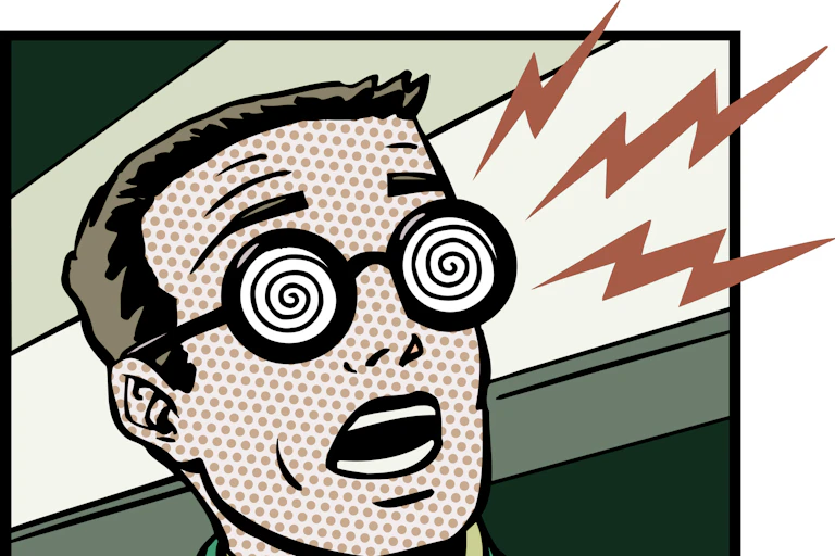 cartoon image of a man with short hair, wearing a bow tie and glasses with spiral patterns on the lenses, his mouth open in shock