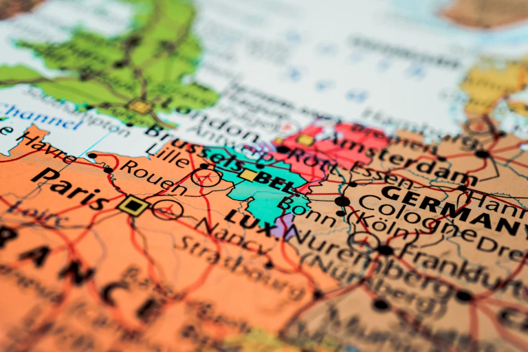 Map of Europe, focused on Belgium