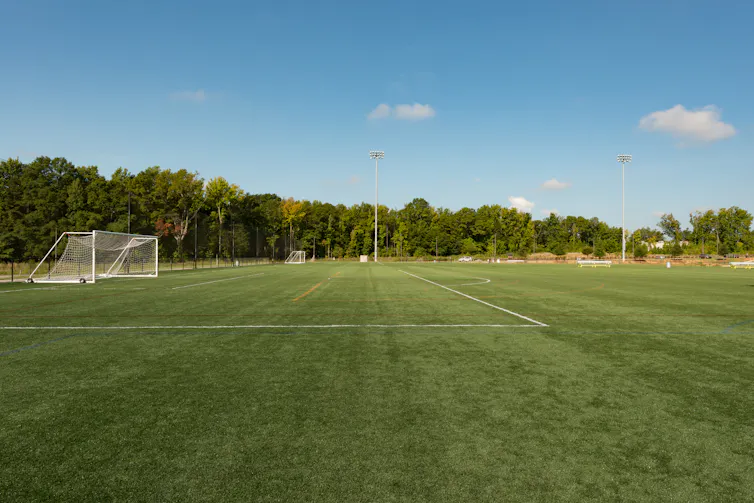 A neatly mown football field in a public park.