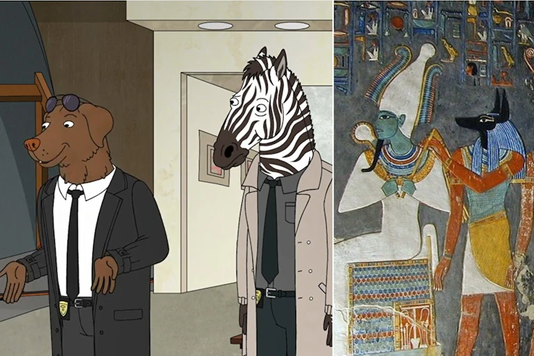 Anthropomorphic figures in a cartoon and ancient Egyptian art.