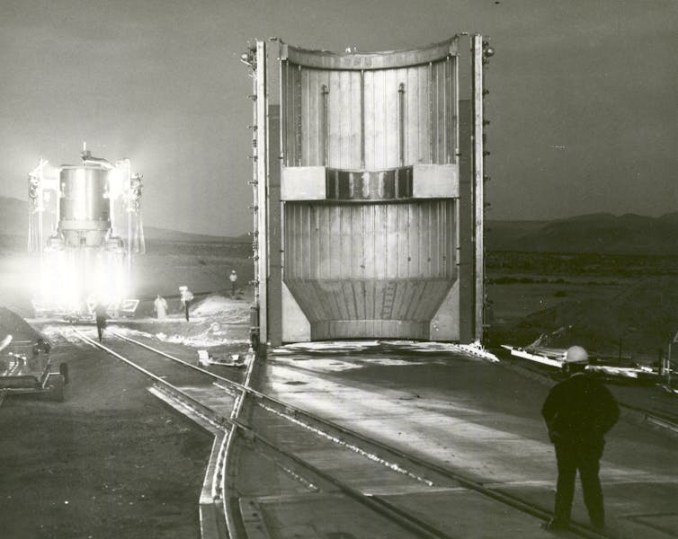 Image of a nuclear rocket engine being transported to test stand in Jackass Flats, Nevada, in 1967.
