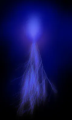 A drawing of lightning in Jupiter's atmosphere, a purple blob with streaks coming out of the bottom.